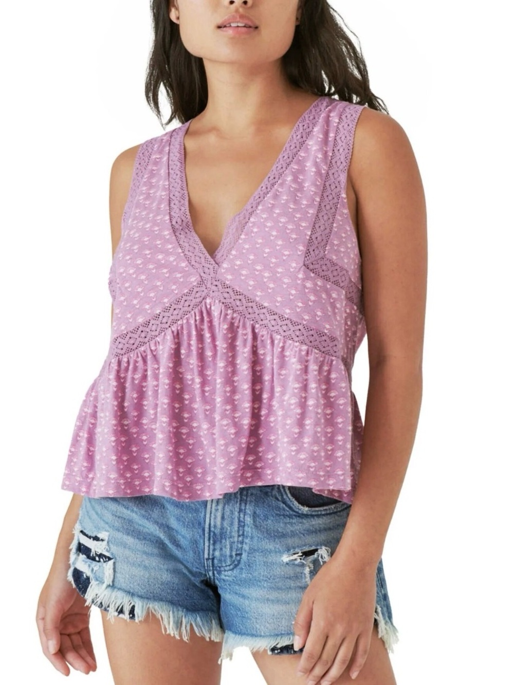Lucky Brand Women's Geo Lace Trim V-Neck Ruffle Hem NWT Size S